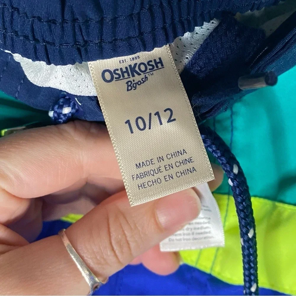 Osh Kosh B'gosh Boys Swim Trunks Neon Green Teal Blue Tie Elastic Waist SZ 10/12